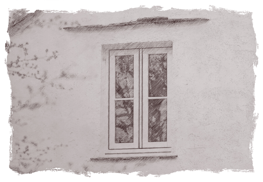 Artistic sketch of a flush sash window set in a textured wall, featuring fine lines and shading to emphasize the window's traditional and elegant design.