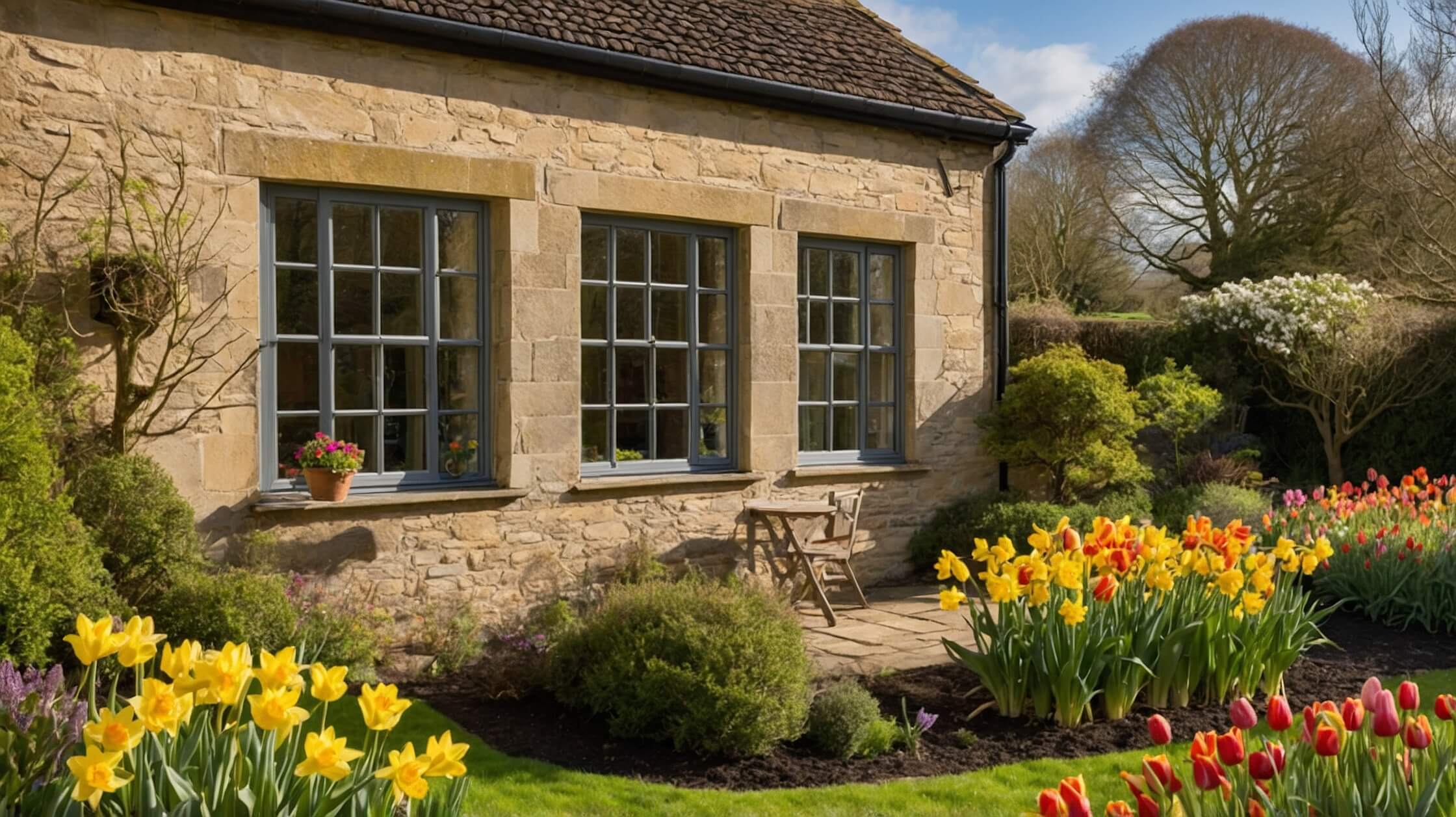 A Stone cottage with wood effect uPVC windows and a spring garden filled with daffodils and tulips.